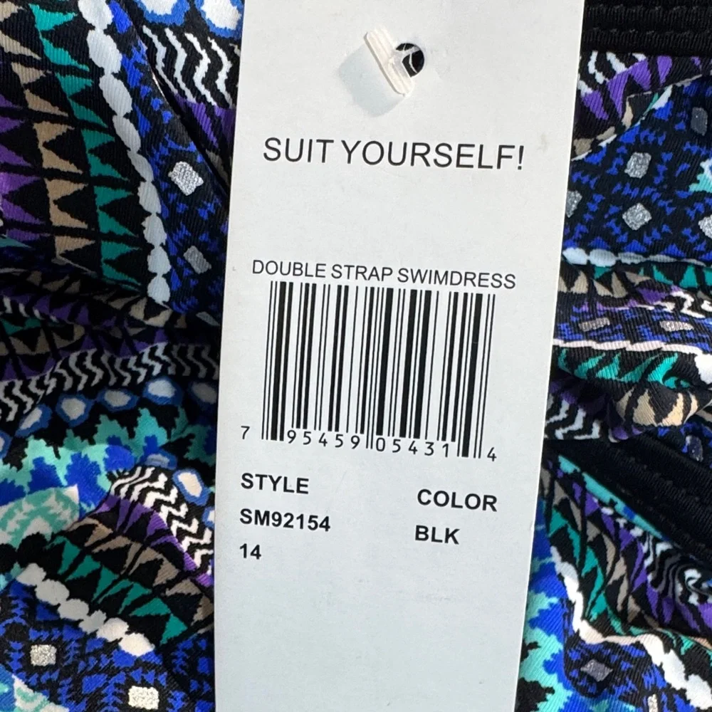 “Suit Yourself” Double Strap Blue, Black, Purple Patterned Swimdress Size 14